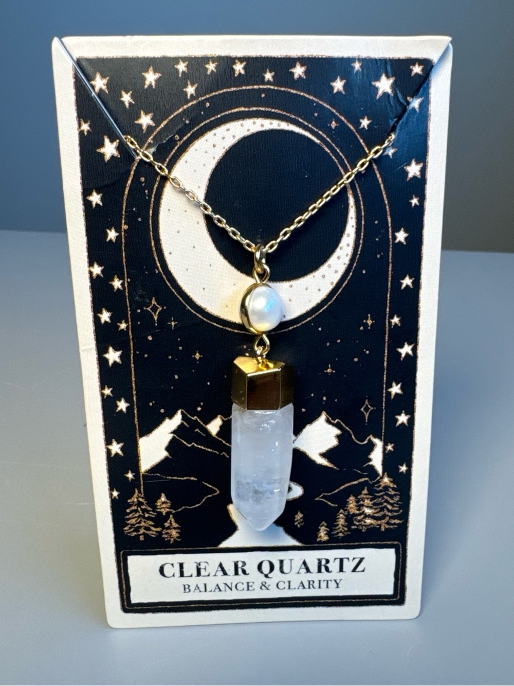 J.Crew Clear Quartz Pearl Necklace Gold Plated Chain Balance Clarity Adjustable